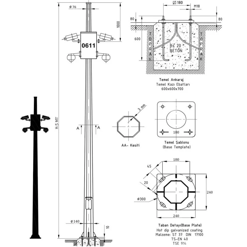 5 Metre Galvaniz Kamera Direği